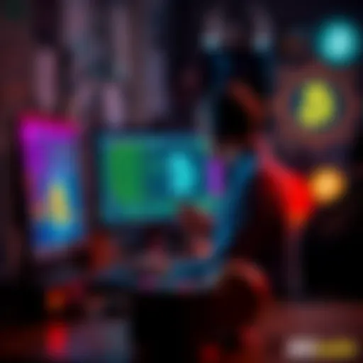 A person setting up a Bitcoin node on their computer, surrounded by tech equipment and digital graphics of Bitcoin symbols.