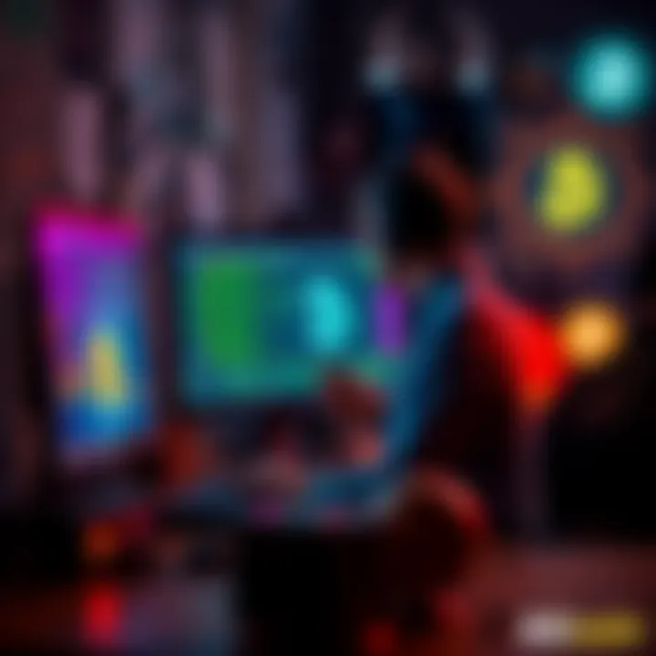 A person setting up a Bitcoin node on their computer, surrounded by tech equipment and digital graphics of Bitcoin symbols.