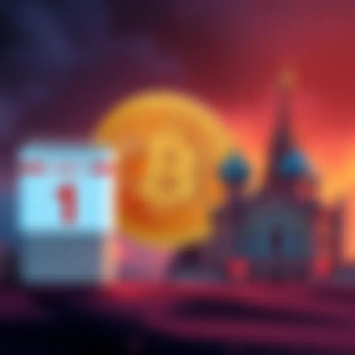 Russia Bitcoin Property Bill Illustration of a Bitcoin symbol next to Russian government buildings with a deadline calendar marked July 1.