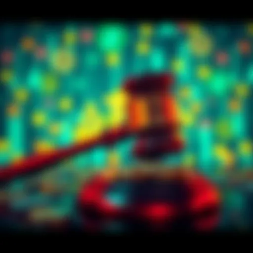 A gavel symbolizing new cryptocurrency regulations in Russia with a backdrop of digital currency icons.