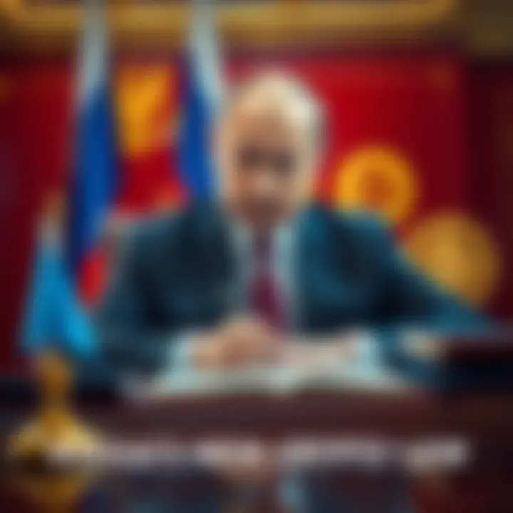Russian President Vladimir Putin signing the new crypto law at a desk with crypto symbols in the background