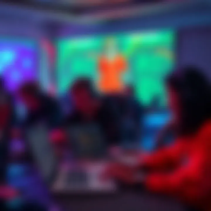 A group of developers working together on laptops, focused on building Blockchain projects during an online hackathon