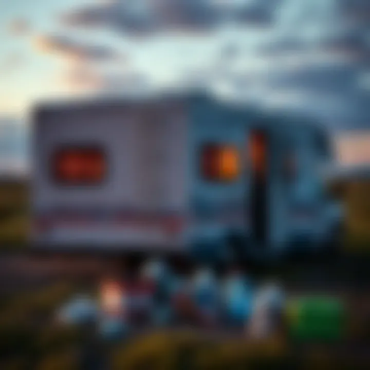 An RV parked in a rural area with medical supplies and a worried person nearby, illustrating the challenges of living without health insurance while facing health issues.