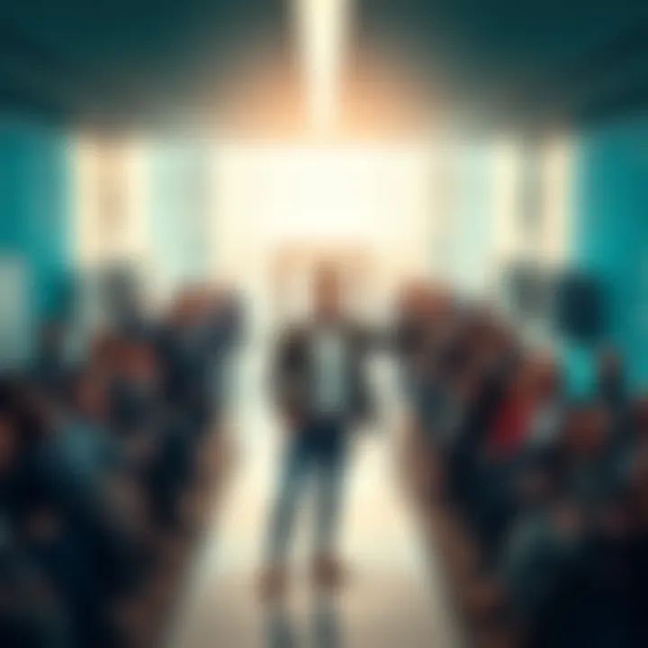 Ryan standing confidently in a modern office, announcing his new role at Cronos with a enthusiastic crowd behind him.