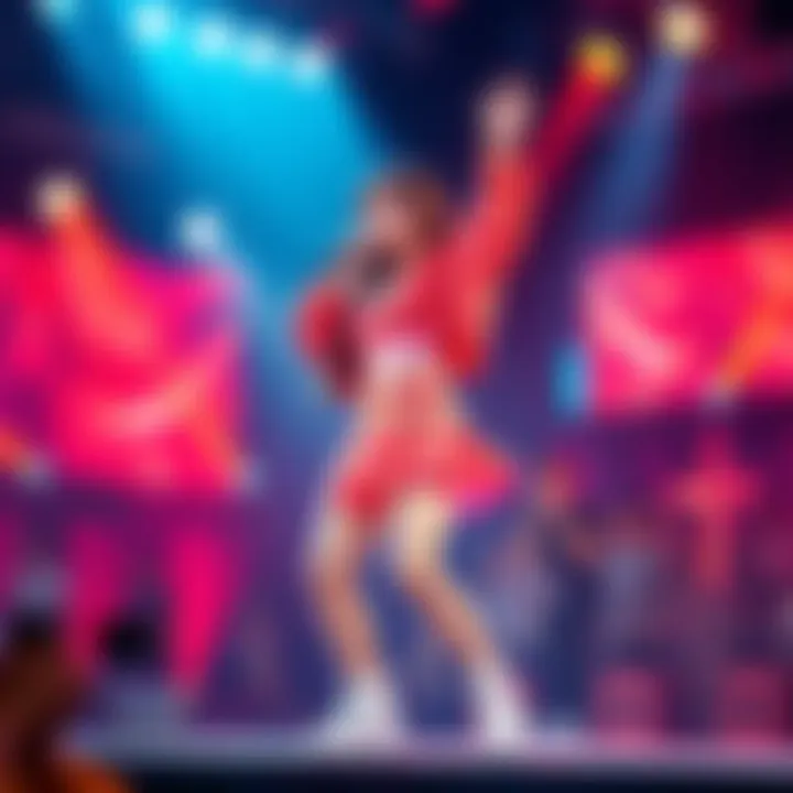Sakura from LeSserafim passionately singing and dancing on stage in vibrant K-Pop outfit, engaging with fans