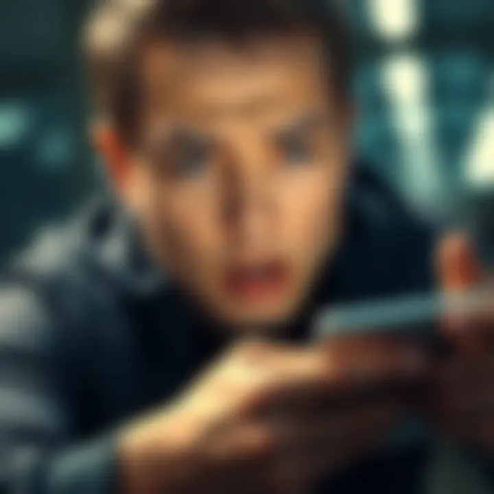 A person looking at their smartphone with a shocked expression as apps download automatically from the Samsung Store, showing concern for privacy and security.