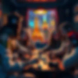 A group of sapphic players rolling dice and setting up a Warhammer 40K game in a cozy NYC setting