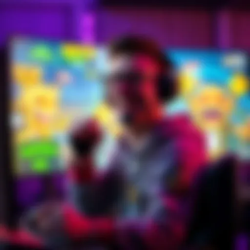 A happy gamer celebrating a victory after completing a challenging quest in a video game, surrounded by colorful graphics on the screen.