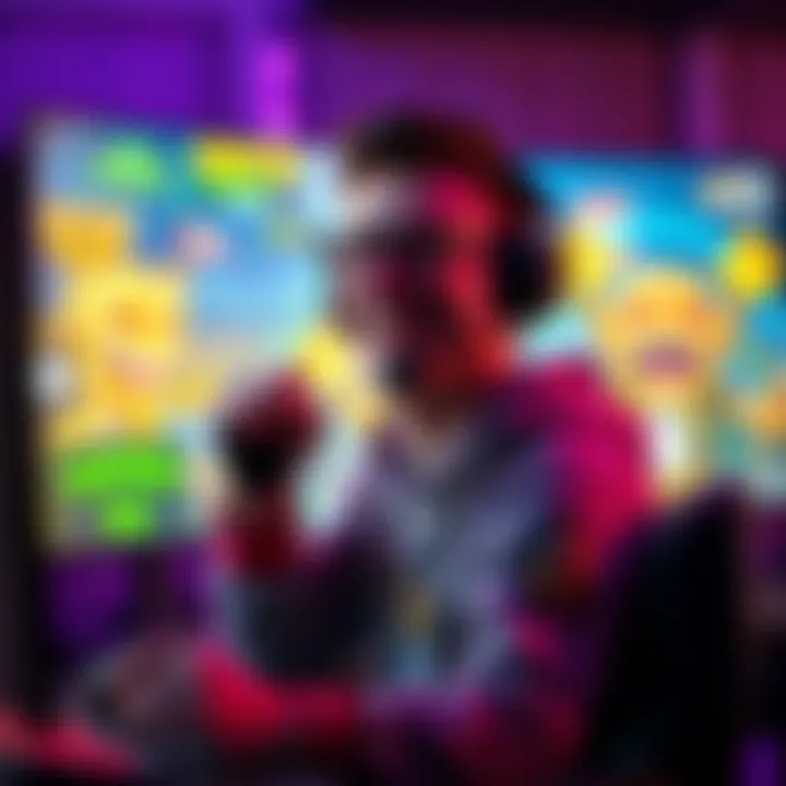 A happy gamer celebrating a victory after completing a challenging quest in a video game, surrounded by colorful graphics on the screen.