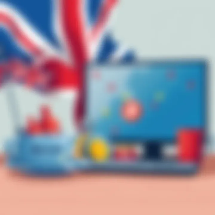 Illustration showing British symbols like a flag, a tea cup, and a computer with Bitcoin on the screen to represent Satoshi Nakamoto's possible British connection.
