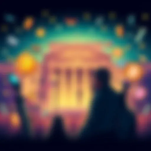 Illustration showing Satoshi Nakamoto contemplating the Federal Reserve with symbols of finance and cryptocurrency around him.