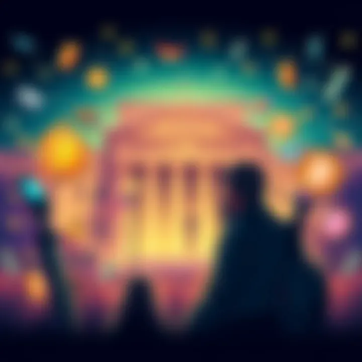 Illustration showing Satoshi Nakamoto contemplating the Federal Reserve with symbols of finance and cryptocurrency around him.