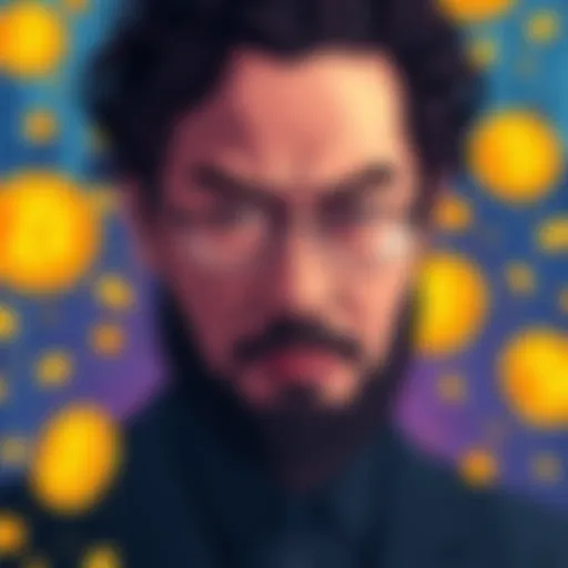 Artistic representation of a person symbolizing Satoshi Nakamoto, surrounded by Bitcoin symbols and digital currency graphics