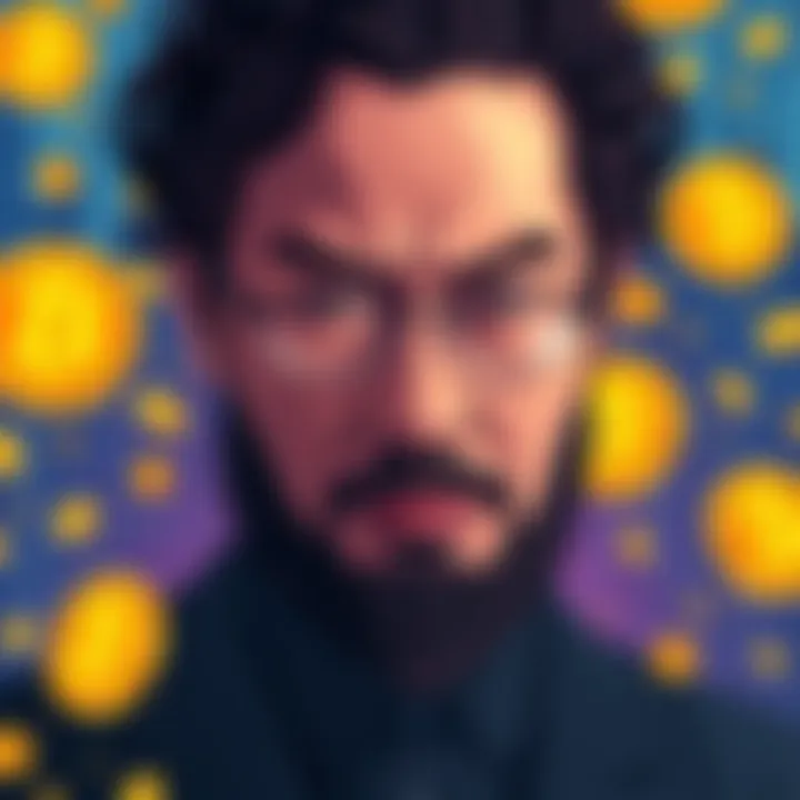 Artistic representation of a person symbolizing Satoshi Nakamoto, surrounded by Bitcoin symbols and digital currency graphics