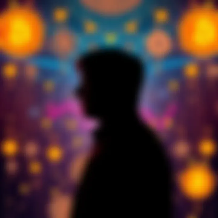 Silhouette of a person representing Satoshi Nakamoto against a backdrop of digital currency symbols and Bitcoin logos.