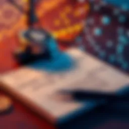 A collection of Satoshi Nakamoto's writings on cryptocurrency, featuring a notebook, pen, and digital elements symbolizing blockchain technology.