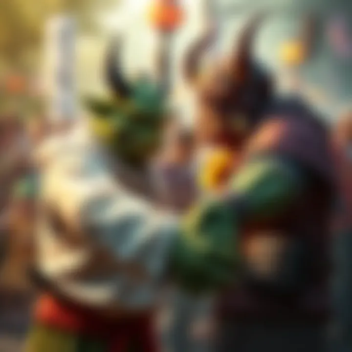 Satoshi and Nurgle Together Satoshi and Nurgle join hands, symbolizing friendship and sharing gifts in a vibrant community setting.