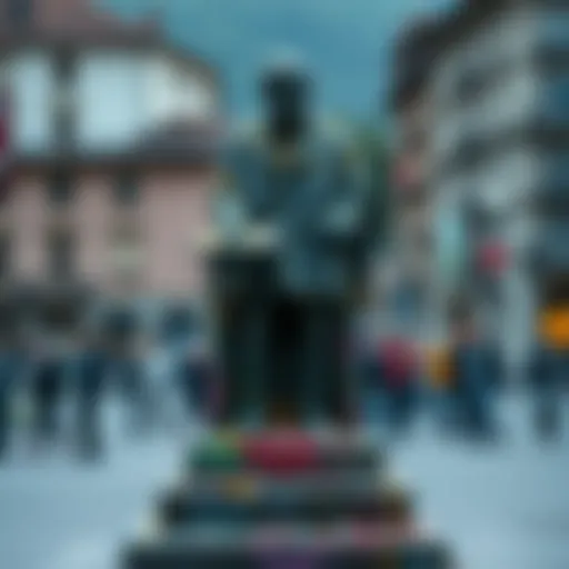 The Satoshi statue in Lugano covered in graffiti, showing signs of vandalism and damage, amidst a backdrop of concerned locals.