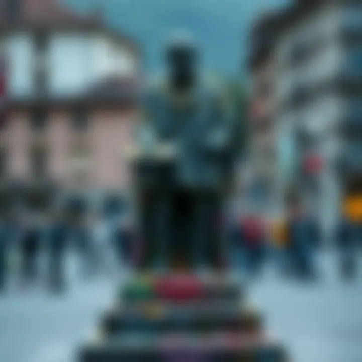 The Satoshi statue in Lugano covered in graffiti, showing signs of vandalism and damage, amidst a backdrop of concerned locals.