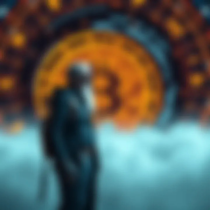 A figure resembling Satoshi Nakamoto, dressed in futuristic clothing, stands before a digital display of Bitcoin symbols, with a backdrop of a swirling time vortex.
