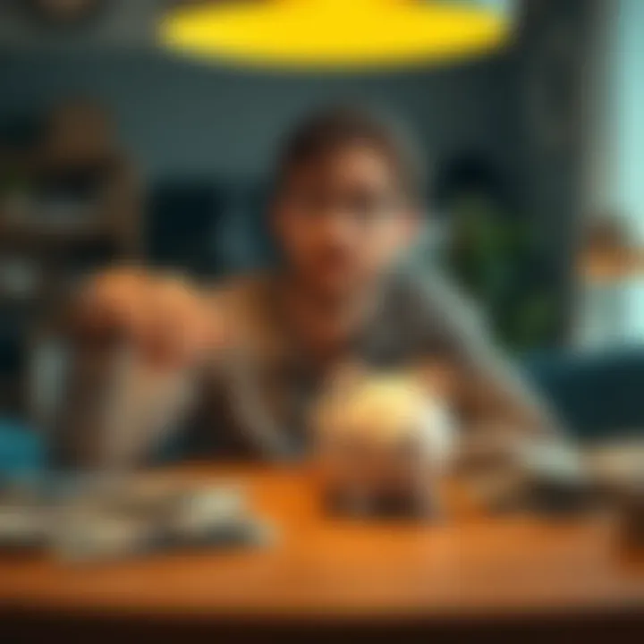 A thoughtful individual sits at a table with a piggy bank and bills, considering whether to save money or spend it, reflecting on their financial choices with a modest monthly income.