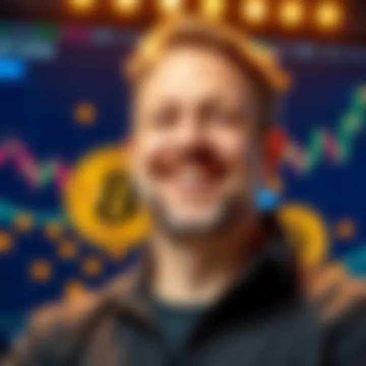 Michael Saylor smiling with Bitcoin symbols and charts in the background
