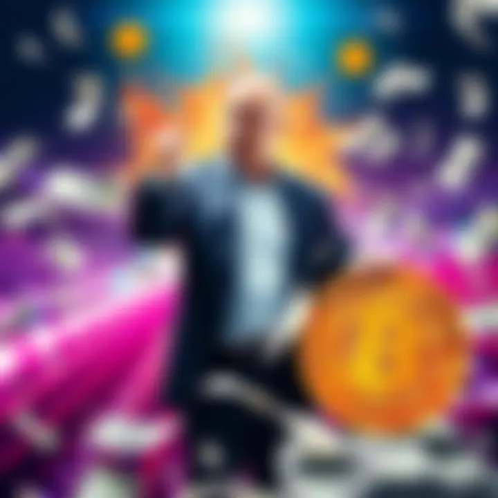 Michael Saylor stands with a Bitcoin symbol and dollar bills, representing his recent sale of 3,588 BTC for $216 million.