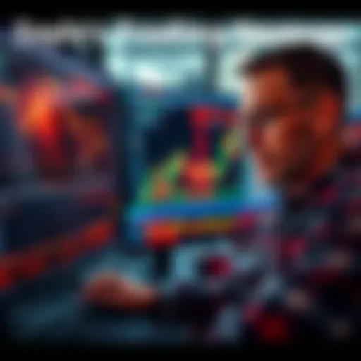 Man with glasses analyzing trading charts on a computer screen, reflecting on profits and losses.