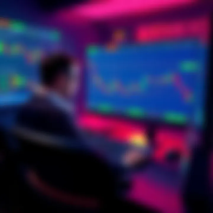 A trader analyzing low cap altcoins on a computer screen with charts and graphs displaying rapid price movements for scalping opportunities.