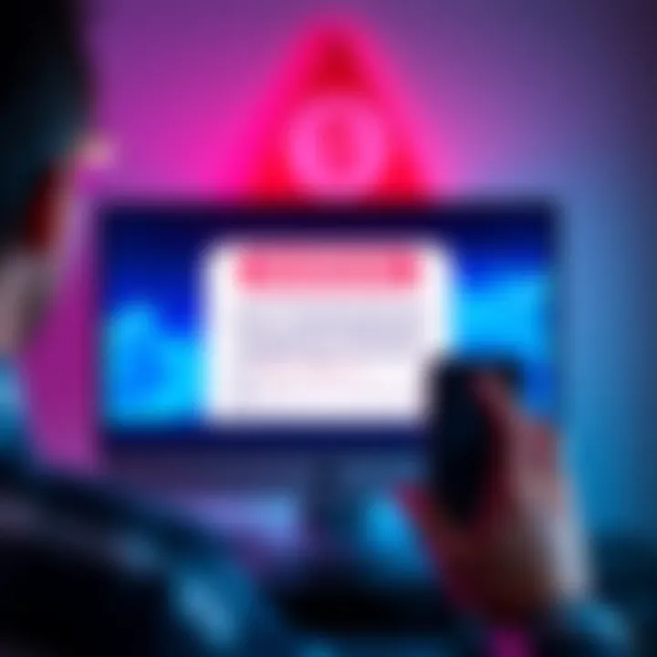 A computer screen displaying a warning about a coin tracking scam targeting investors, with a person looking worried while holding a phone.