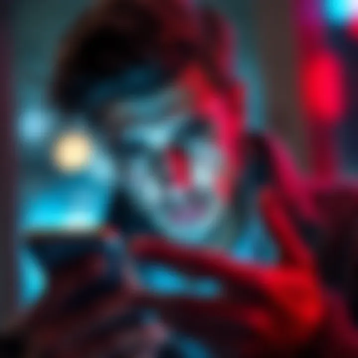 A concerned person looking at their phone with a distressed expression, representing the urgent need to contact bank support after a scam.