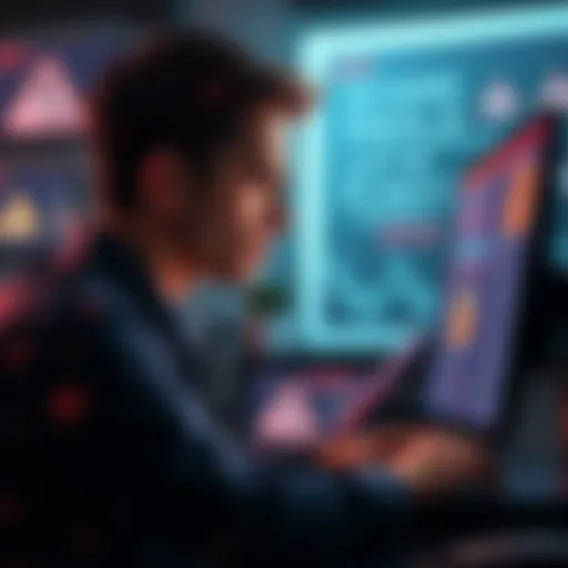 A person looking at a computer screen, concerned about online scams, with warning signs around them.