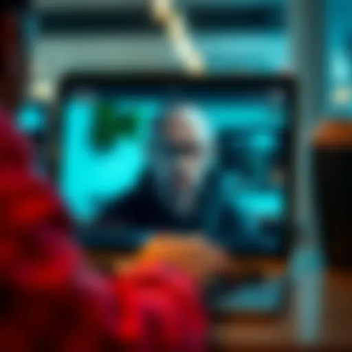 A person on a video call via Google Meet, trying to convince a retailer to approve a fake purchase. The person appears suspicious with an unclear background.