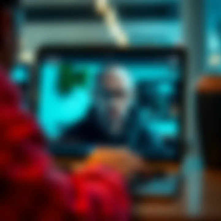 A person on a video call via Google Meet, trying to convince a retailer to approve a fake purchase. The person appears suspicious with an unclear background.