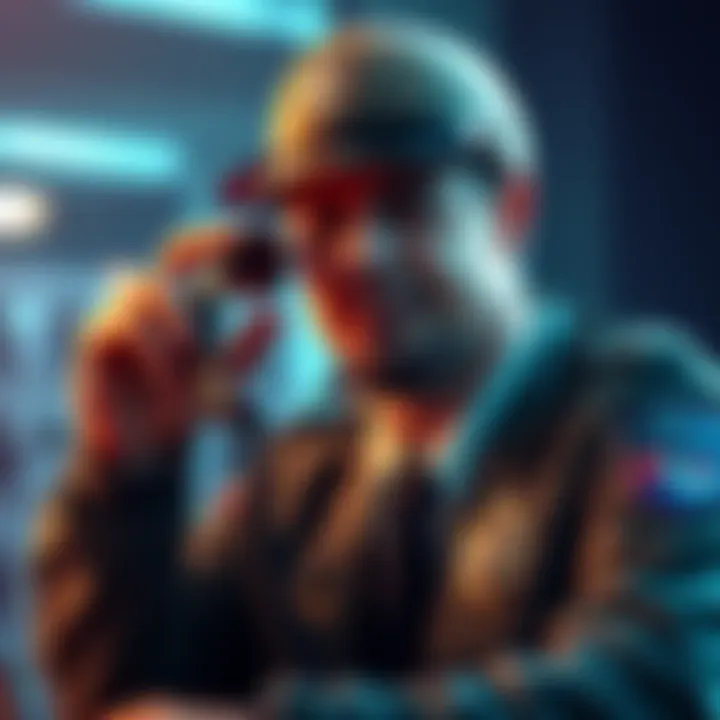 A person pretending to be a police officer during a phone scam, looking confused while talking on the phone.