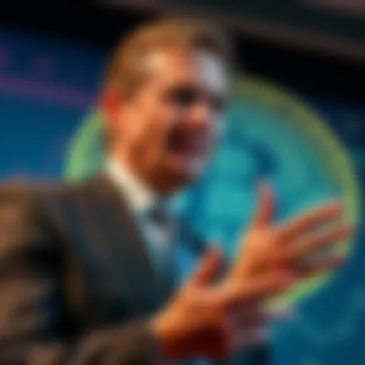 US Treasury Secretary Scott Bessent speaking confidently about cryptocurrency, with a graphic of Bitcoin in the background