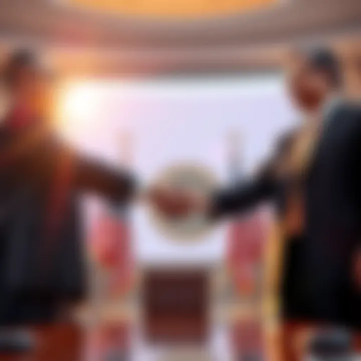S.E.C. Settlement Announcement Justin Sun and S.E.C. officials shaking hands after reaching a settlement regarding cryptocurrency regulations