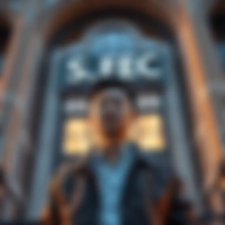 Justin Sun standing outside a building with S.E.C. signage after settlement announcement