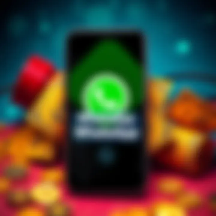 A graphic depicting a smartphone with WhatsApp open, displaying chat messages about crypto investments, alongside dollar bills and warning signs.