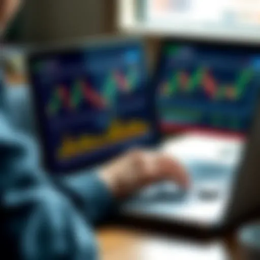 A person researching software wallets for Bitcoin investment on a laptop, showing market charts and graphs on the screen.