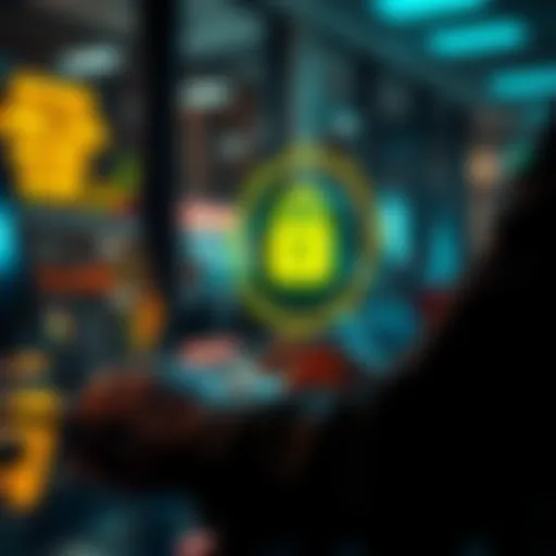 A person using a laptop to access a regulated cryptocurrency exchange, with a padlock symbol indicating security.