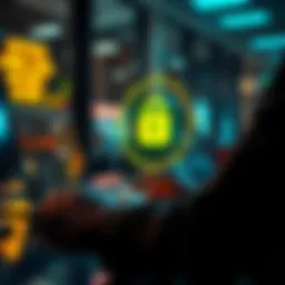 Secure Crypto Exchange A person using a laptop to access a regulated cryptocurrency exchange, with a padlock symbol indicating security.