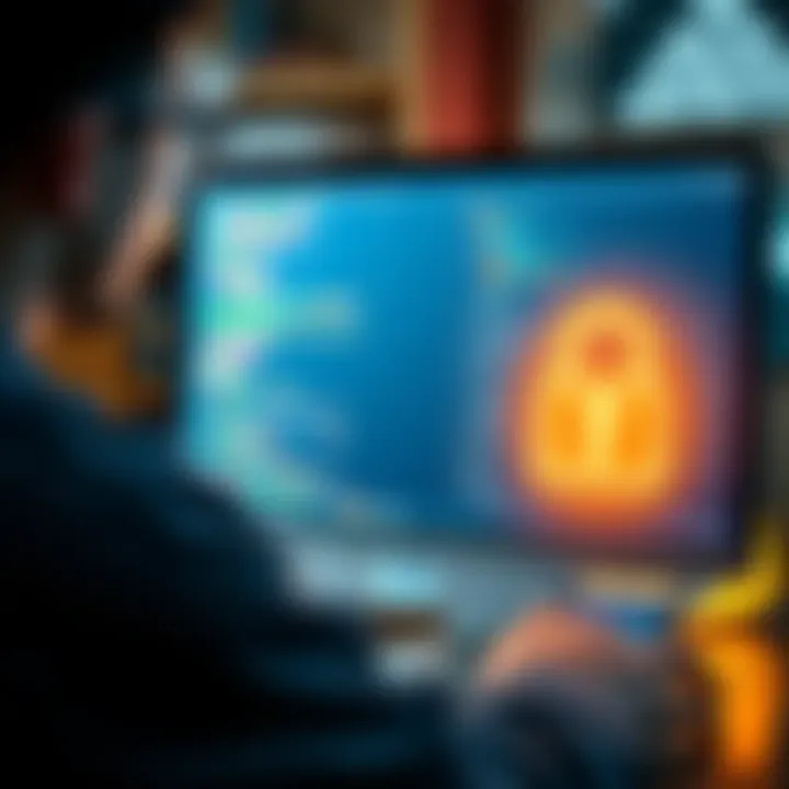 A person examining files on a computer screen with a secure lock icon, representing the security of IPFS and file hosting services.