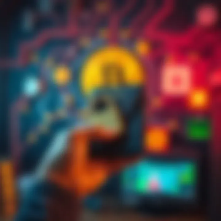 A person holding a secure Bitcoin wallet, with biometric sensor for access and various storage methods in the background.