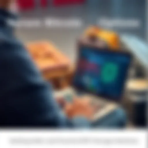 A person holding a laptop and a smartphone while looking at a Bitcoin wallet on the screen, with travel gear in the background.