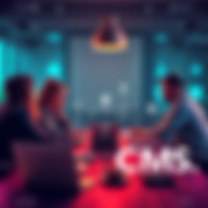 Secure CMS Options A team discussing various Content Management Systems around a table with a laptop open, highlighting security and customization features.