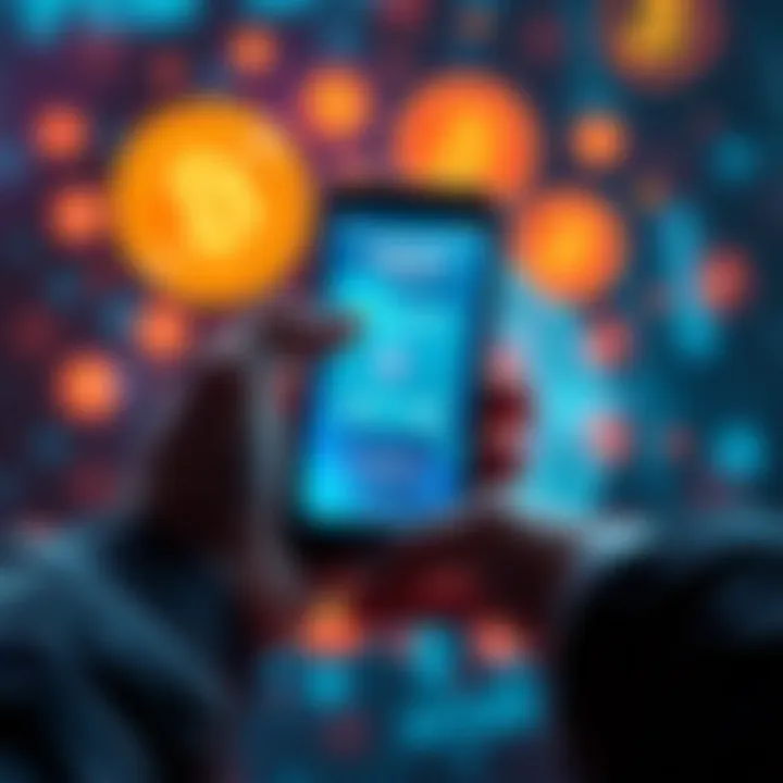 A person holding a smartphone displaying a digital wallet app, surrounded by various cryptocurrency symbols like Bitcoin and Ethereum.