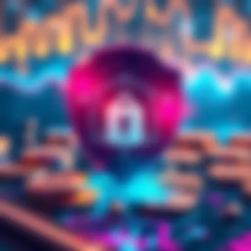 A digital shield symbolizing security in the decentralized finance space, surrounded by coins and blockchain graphics.