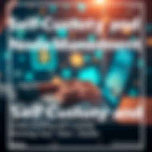 A person managing their own cryptocurrency node on a laptop with digital asset symbols in the background