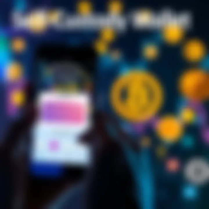 Self-Custody Wallet Overview A person holding a smartphone displaying a self-custody wallet app with cryptocurrency symbols in the background, symbolizing personal control over digital assets.